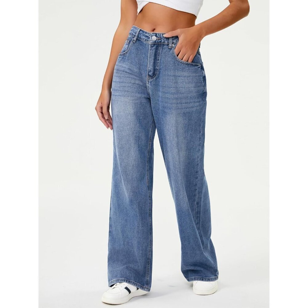Women Wide Leg High Waisted Baggy Denim Jeans Loose Boyfriend Casual - Picture 3 of 6